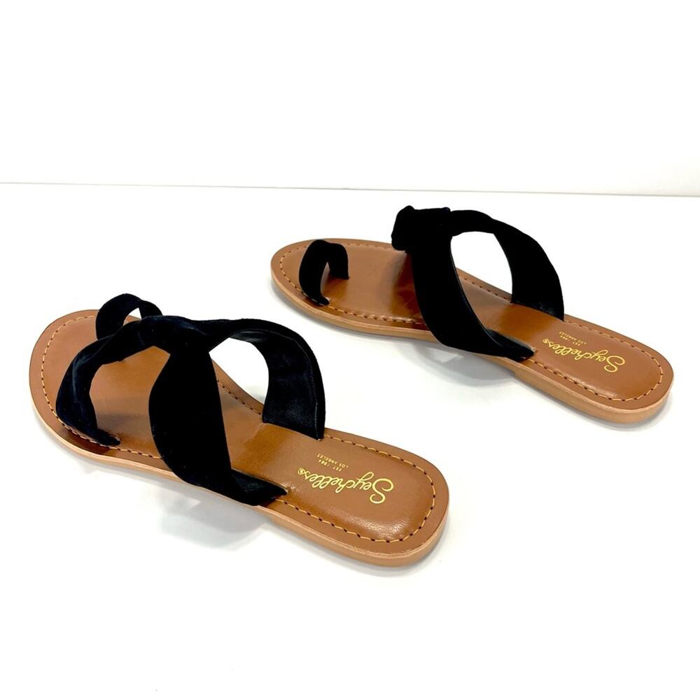 Seychelles Flat Slide Sandal Size 6.5 Black Leather Ring-Toe Padded Footbed New - Picture 2 of 16